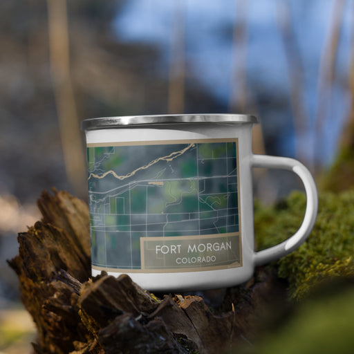 Right View Custom Fort Morgan Colorado Map Enamel Mug in Afternoon on Grass With Trees in Background
