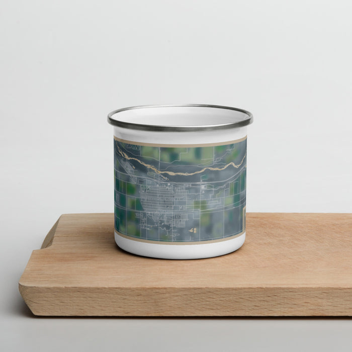 Front View Custom Fort Morgan Colorado Map Enamel Mug in Afternoon on Cutting Board