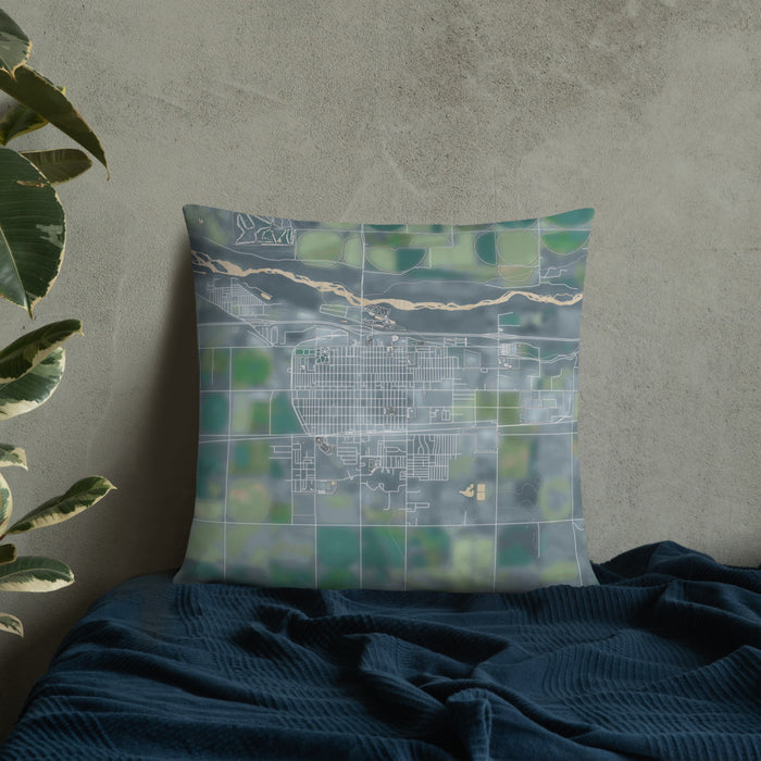 Custom Fort Morgan Colorado Map Throw Pillow in Afternoon on Bedding Against Wall