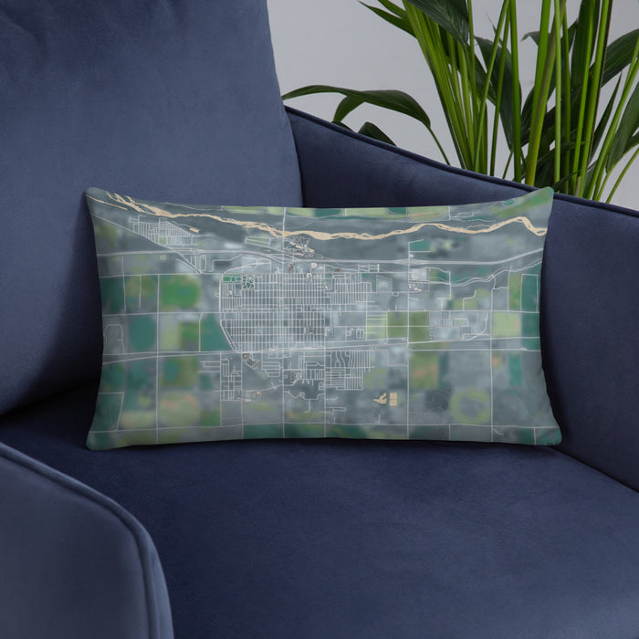 Custom Fort Morgan Colorado Map Throw Pillow in Afternoon on Blue Colored Chair