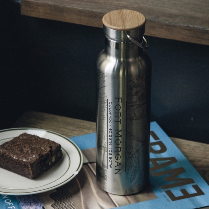 Fort Morgan Colorado Custom Engraved City Map Inscription Coordinates on 20oz Stainless Steel Insulated Bottle with Bamboo Top