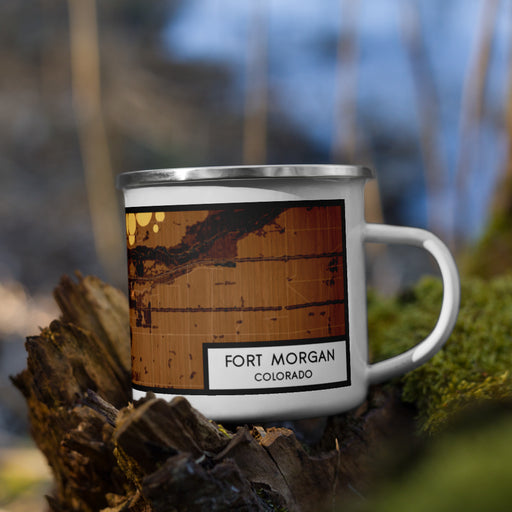 Right View Custom Fort Morgan Colorado Map Enamel Mug in Ember on Grass With Trees in Background