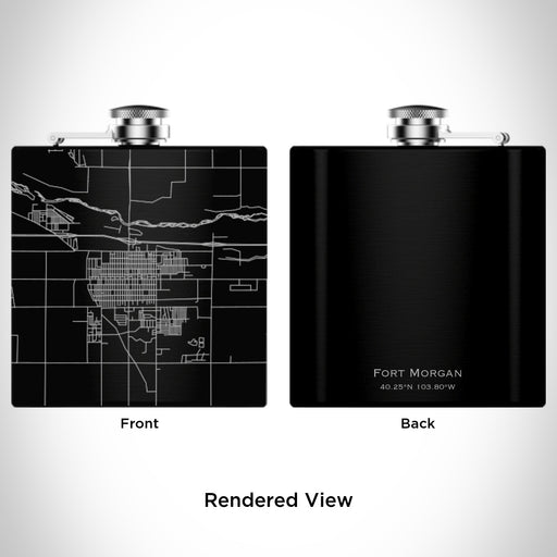 Rendered View of Fort Morgan Colorado Map Engraving on 6oz Stainless Steel Flask in Black