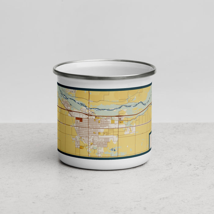 Front View Custom Fort Morgan Colorado Map Enamel Mug in Woodblock