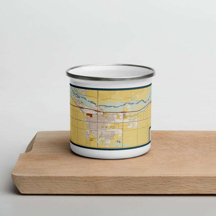 Front View Custom Fort Morgan Colorado Map Enamel Mug in Woodblock on Cutting Board
