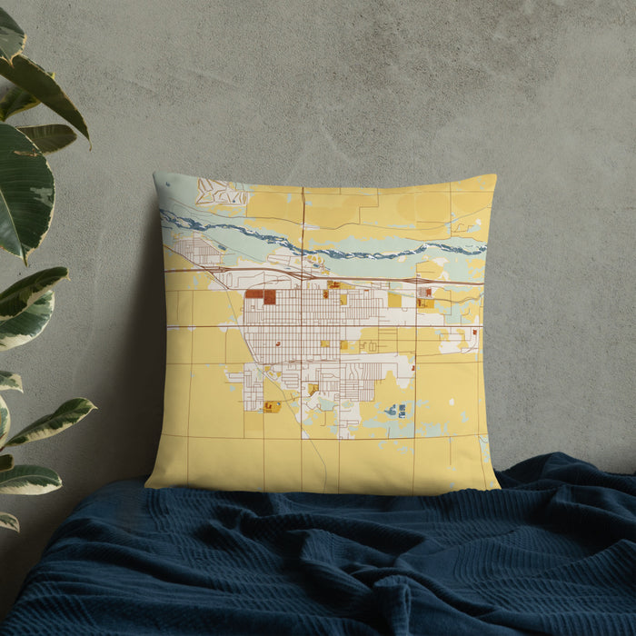 Custom Fort Morgan Colorado Map Throw Pillow in Woodblock on Bedding Against Wall