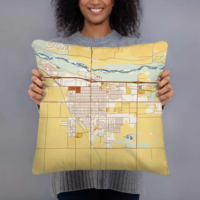 Person holding 18x18 Custom Fort Morgan Colorado Map Throw Pillow in Woodblock