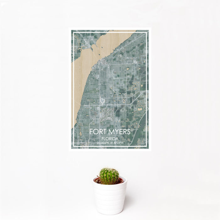 12x18 Fort Myers Florida Map Print Portrait Orientation in Afternoon Style With Small Cactus Plant in White Planter