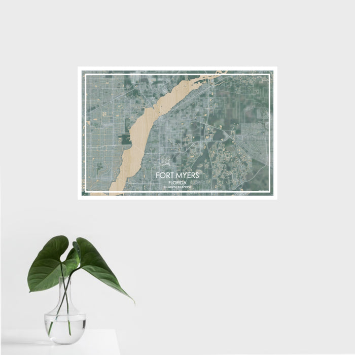 16x24 Fort Myers Florida Map Print Landscape Orientation in Afternoon Style With Tropical Plant Leaves in Water