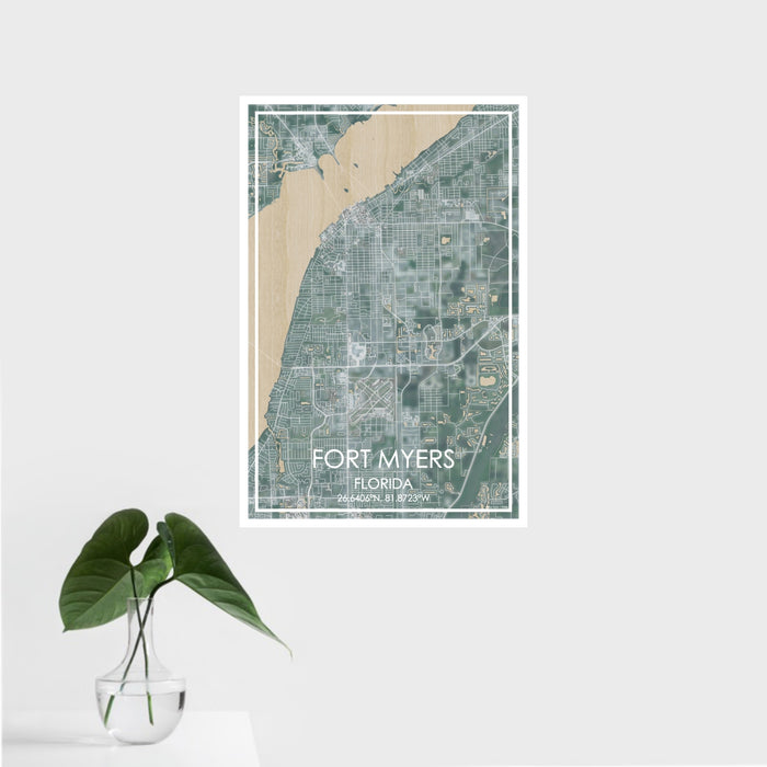 16x24 Fort Myers Florida Map Print Portrait Orientation in Afternoon Style With Tropical Plant Leaves in Water