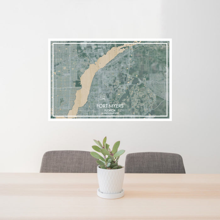 24x36 Fort Myers Florida Map Print Lanscape Orientation in Afternoon Style Behind 2 Chairs Table and Potted Plant