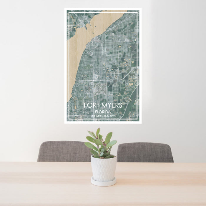 24x36 Fort Myers Florida Map Print Portrait Orientation in Afternoon Style Behind 2 Chairs Table and Potted Plant
