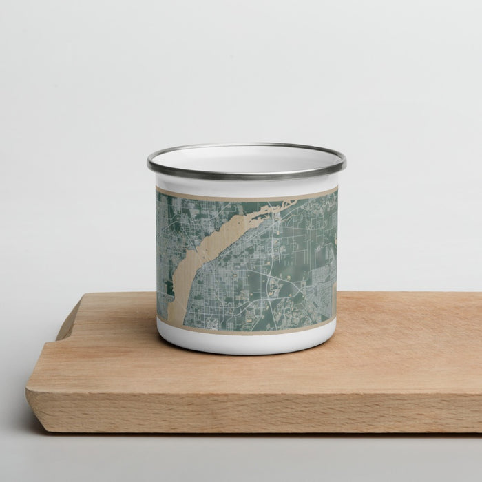 Front View Custom Fort Myers Florida Map Enamel Mug in Afternoon on Cutting Board