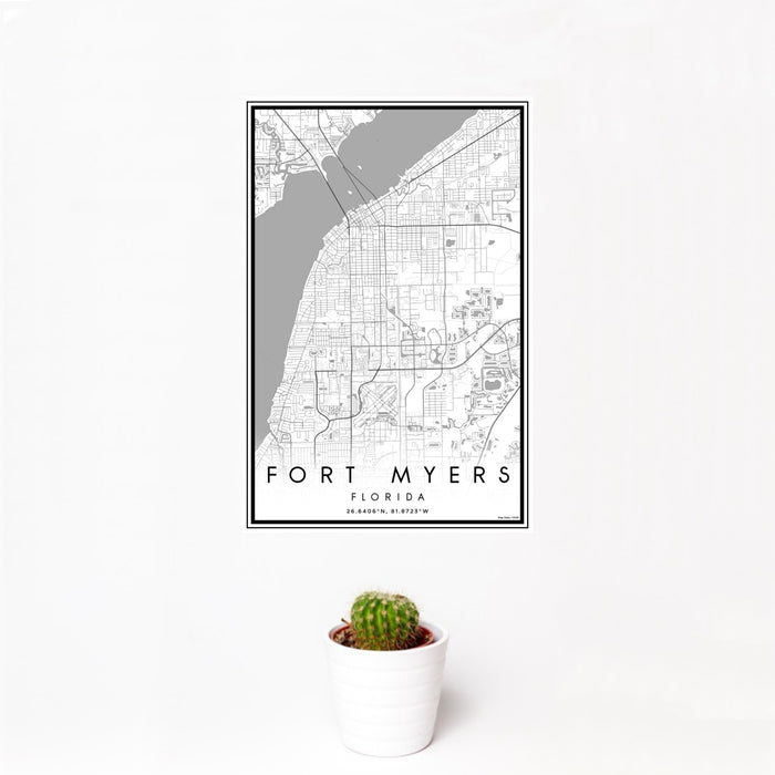 12x18 Fort Myers Florida Map Print Portrait Orientation in Classic Style With Small Cactus Plant in White Planter