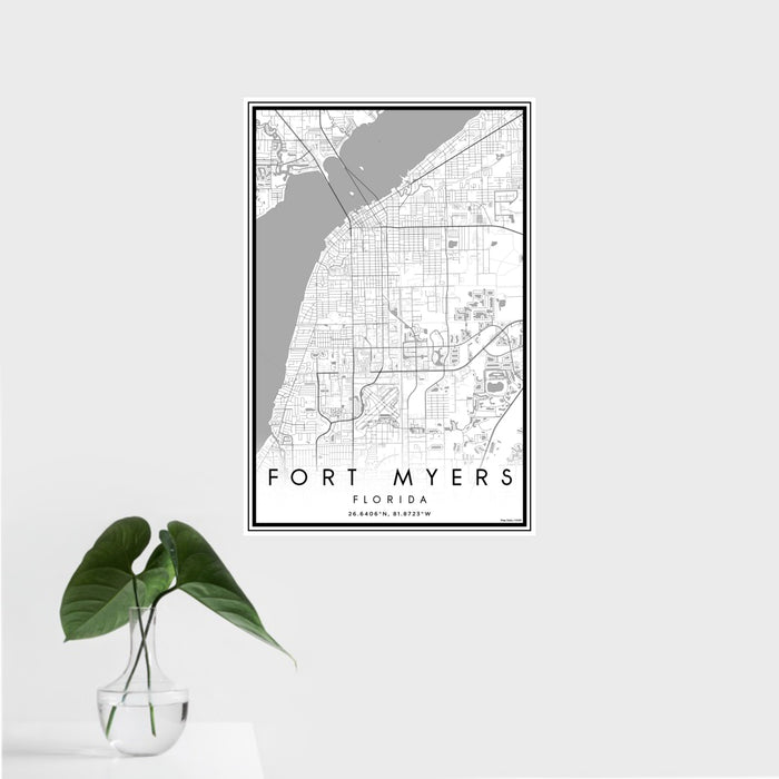 16x24 Fort Myers Florida Map Print Portrait Orientation in Classic Style With Tropical Plant Leaves in Water