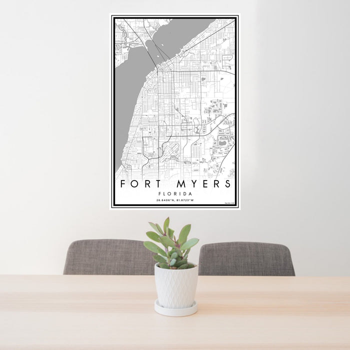 24x36 Fort Myers Florida Map Print Portrait Orientation in Classic Style Behind 2 Chairs Table and Potted Plant