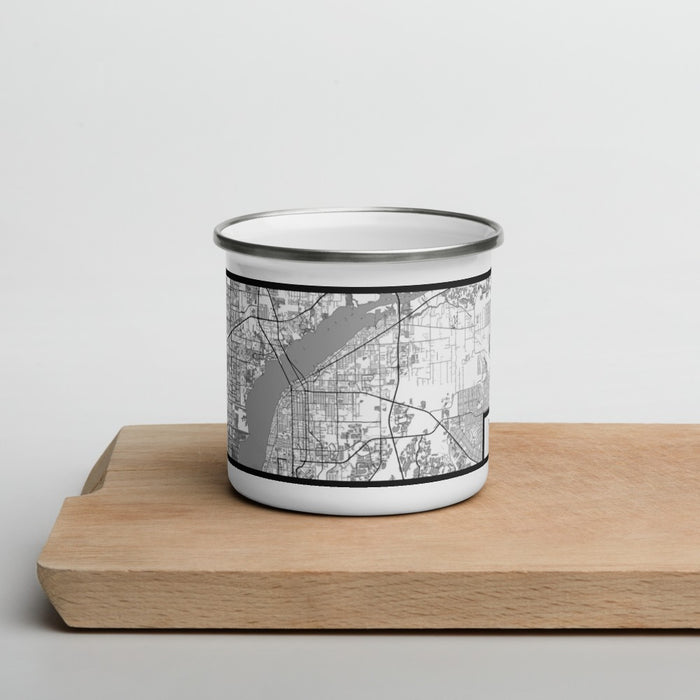 Front View Custom Fort Myers Florida Map Enamel Mug in Classic on Cutting Board