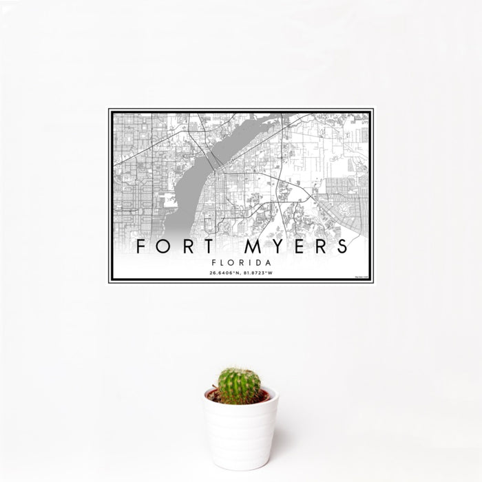 12x18 Fort Myers Florida Map Print Landscape Orientation in Classic Style With Small Cactus Plant in White Planter