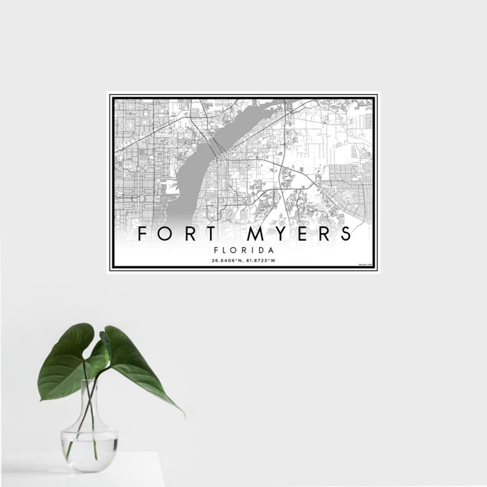 16x24 Fort Myers Florida Map Print Landscape Orientation in Classic Style With Tropical Plant Leaves in Water