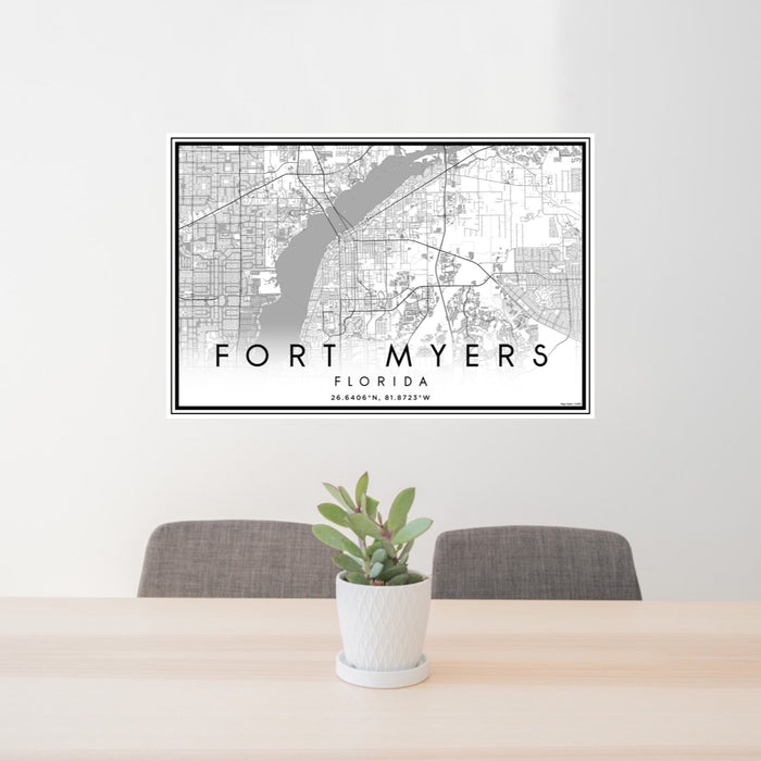24x36 Fort Myers Florida Map Print Landscape Orientation in Classic Style Behind 2 Chairs Table and Potted Plant