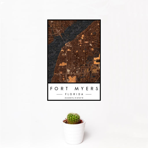 12x18 Fort Myers Florida Map Print Portrait Orientation in Ember Style With Small Cactus Plant in White Planter