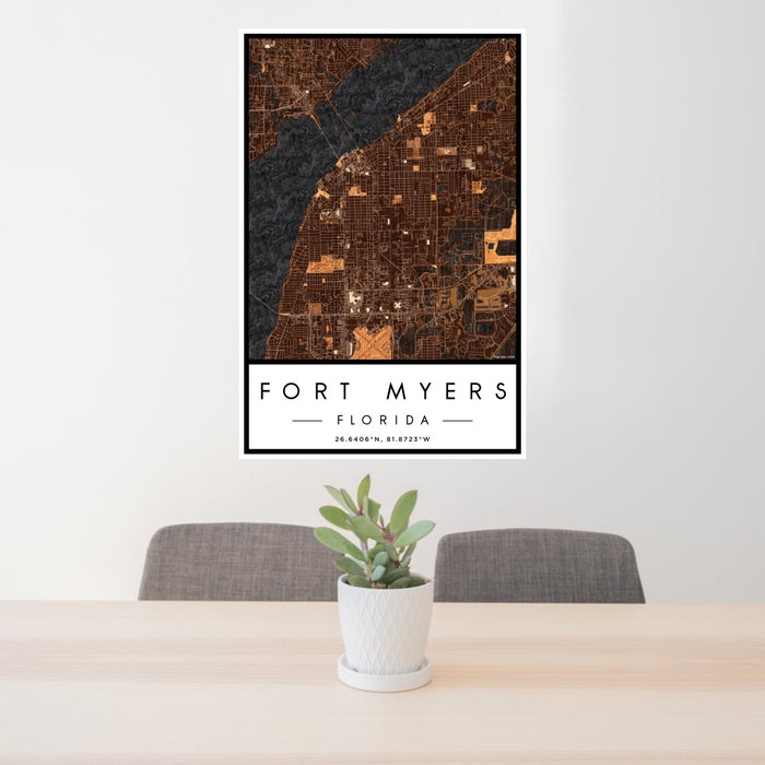 24x36 Fort Myers Florida Map Print Portrait Orientation in Ember Style Behind 2 Chairs Table and Potted Plant