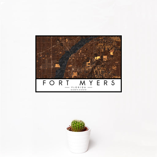 12x18 Fort Myers Florida Map Print Landscape Orientation in Ember Style With Small Cactus Plant in White Planter