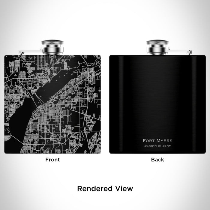Rendered View of Fort Myers Florida Map Engraving on 6oz Stainless Steel Flask in Black
