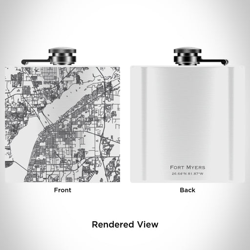 Rendered View of Fort Myers Florida Map Engraving on 6oz Stainless Steel Flask in White