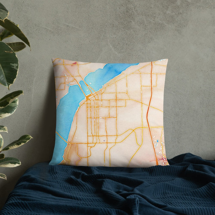 Custom Fort Myers Florida Map Throw Pillow in Watercolor on Bedding Against Wall