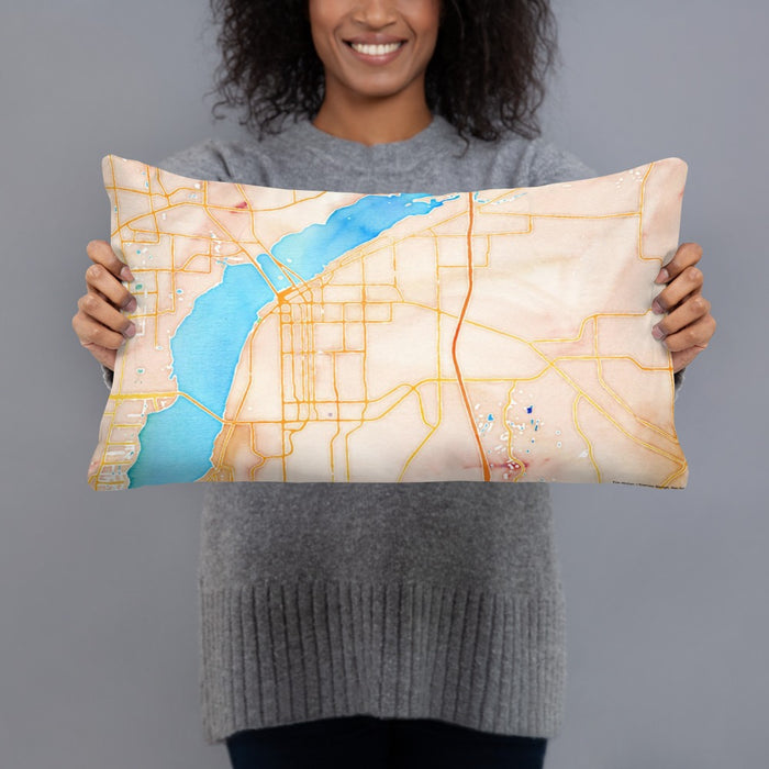 Person holding 20x12 Custom Fort Myers Florida Map Throw Pillow in Watercolor