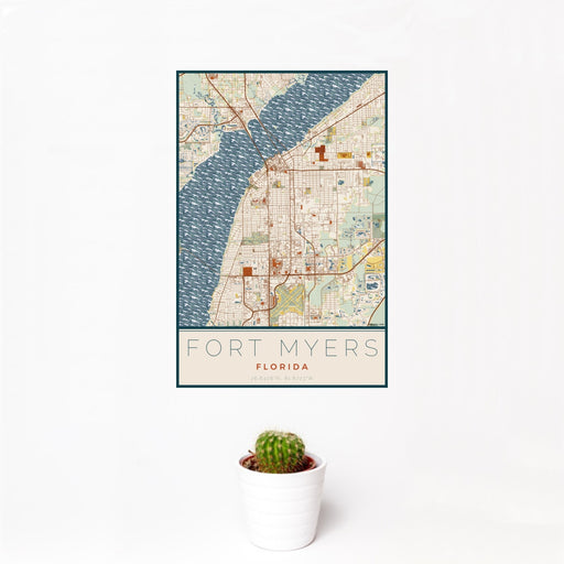12x18 Fort Myers Florida Map Print Portrait Orientation in Woodblock Style With Small Cactus Plant in White Planter