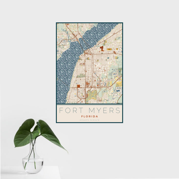 16x24 Fort Myers Florida Map Print Portrait Orientation in Woodblock Style With Tropical Plant Leaves in Water