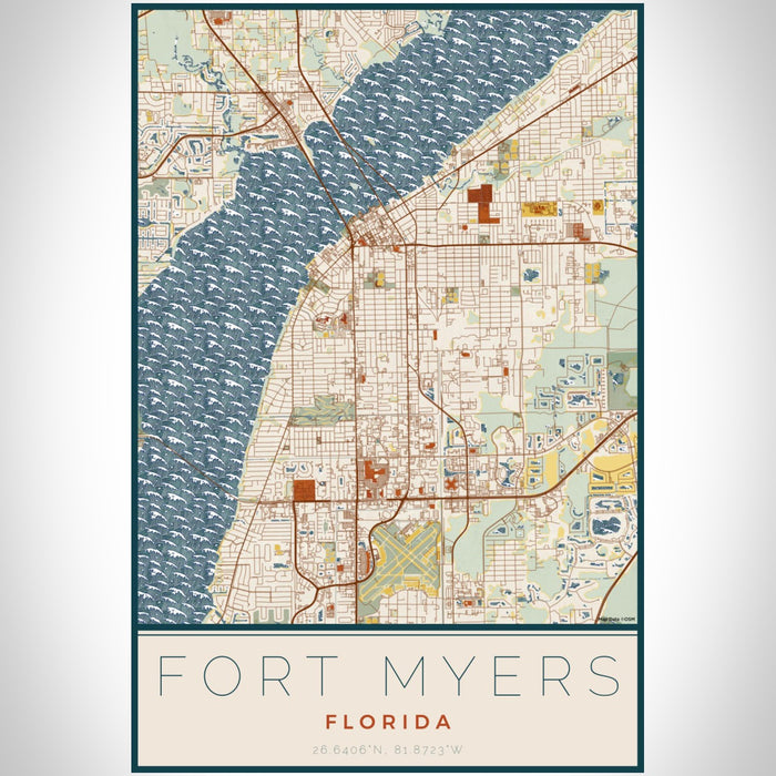 Fort Myers Florida Map Print Portrait Orientation in Woodblock Style With Shaded Background