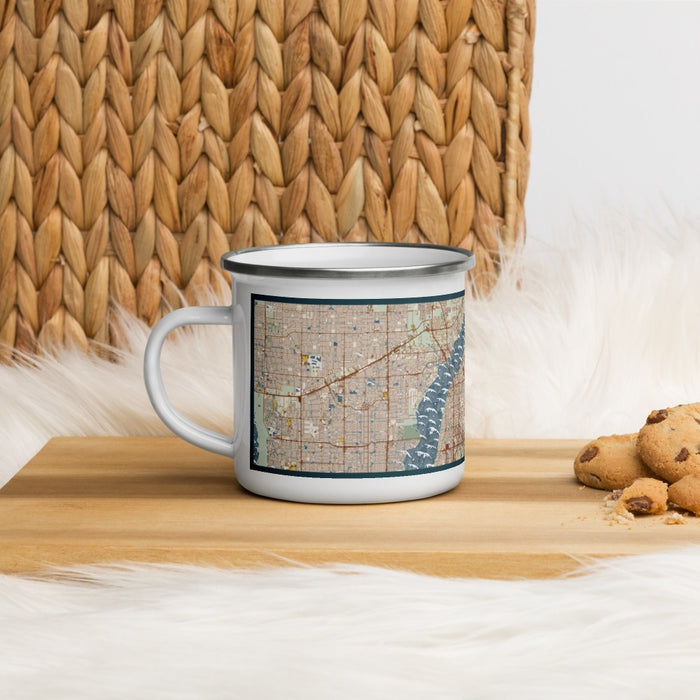 Left View Custom Fort Myers Florida Map Enamel Mug in Woodblock on Table Top