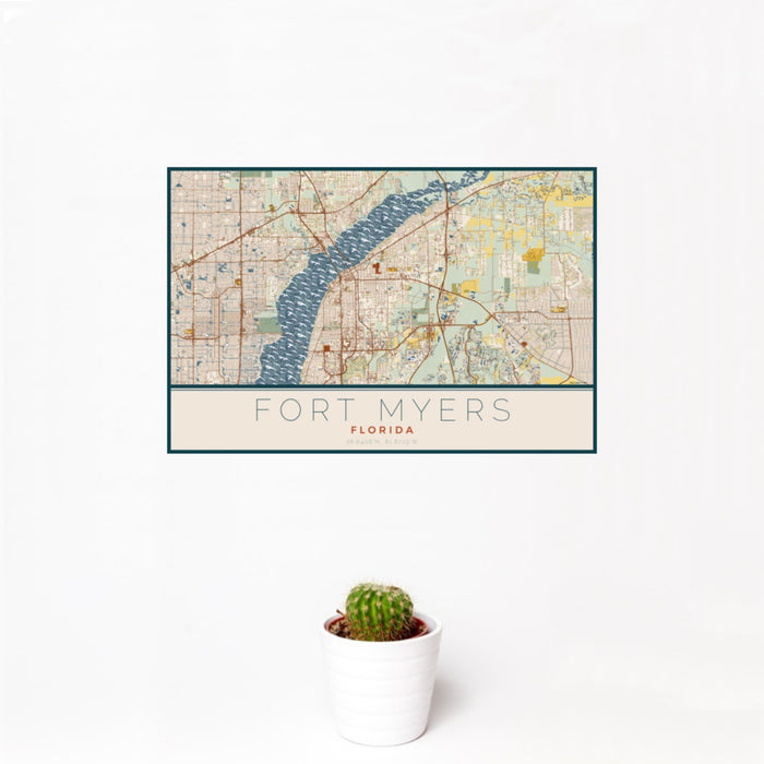 12x18 Fort Myers Florida Map Print Landscape Orientation in Woodblock Style With Small Cactus Plant in White Planter