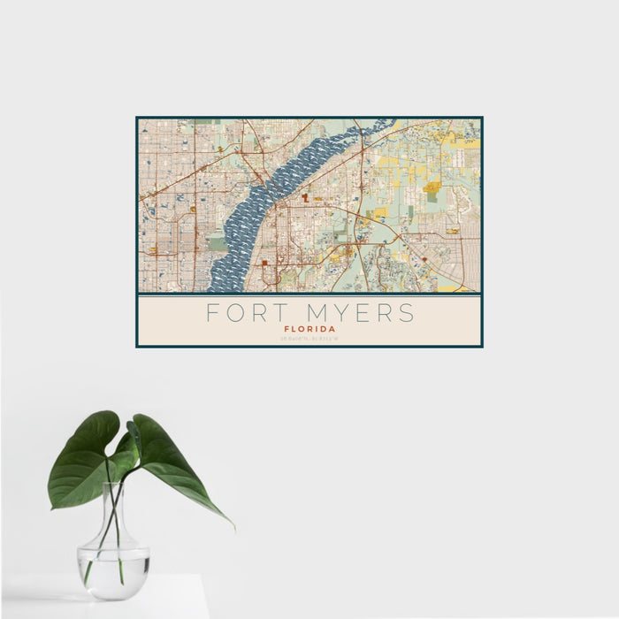 16x24 Fort Myers Florida Map Print Landscape Orientation in Woodblock Style With Tropical Plant Leaves in Water