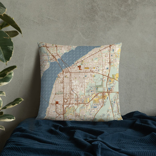 Custom Fort Myers Florida Map Throw Pillow in Woodblock on Bedding Against Wall