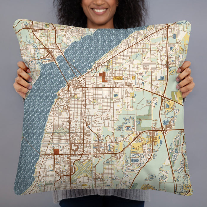 Person holding 22x22 Custom Fort Myers Florida Map Throw Pillow in Woodblock