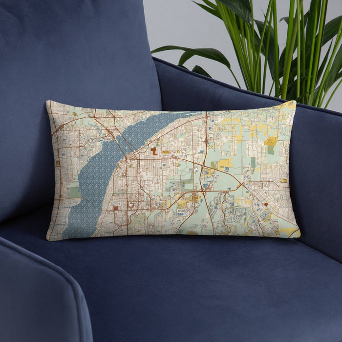 Custom Fort Myers Florida Map Throw Pillow in Woodblock on Blue Colored Chair