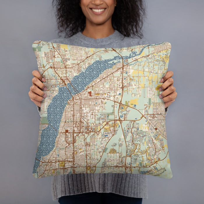 Person holding 18x18 Custom Fort Myers Florida Map Throw Pillow in Woodblock