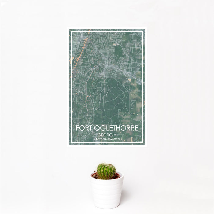 12x18 Fort Oglethorpe Georgia Map Print Portrait Orientation in Afternoon Style With Small Cactus Plant in White Planter