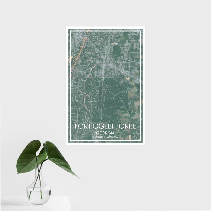 16x24 Fort Oglethorpe Georgia Map Print Portrait Orientation in Afternoon Style With Tropical Plant Leaves in Water