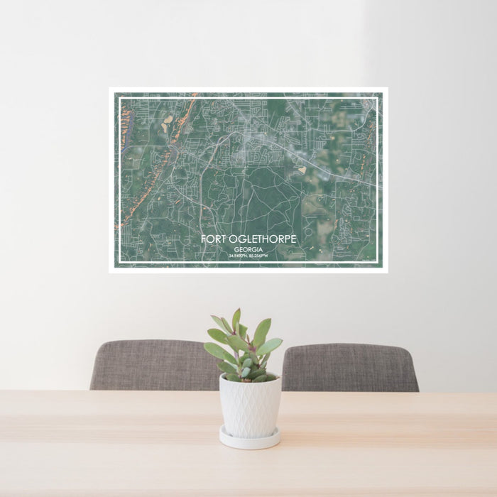 24x36 Fort Oglethorpe Georgia Map Print Lanscape Orientation in Afternoon Style Behind 2 Chairs Table and Potted Plant