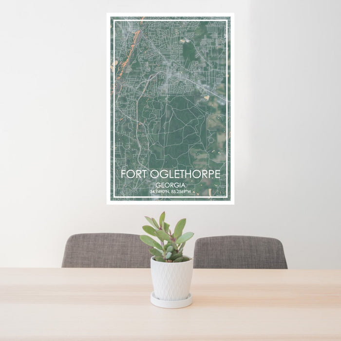 24x36 Fort Oglethorpe Georgia Map Print Portrait Orientation in Afternoon Style Behind 2 Chairs Table and Potted Plant