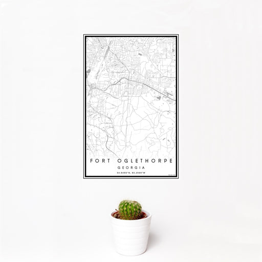 12x18 Fort Oglethorpe Georgia Map Print Portrait Orientation in Classic Style With Small Cactus Plant in White Planter