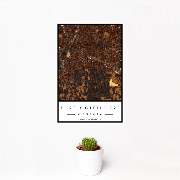12x18 Fort Oglethorpe Georgia Map Print Portrait Orientation in Ember Style With Small Cactus Plant in White Planter