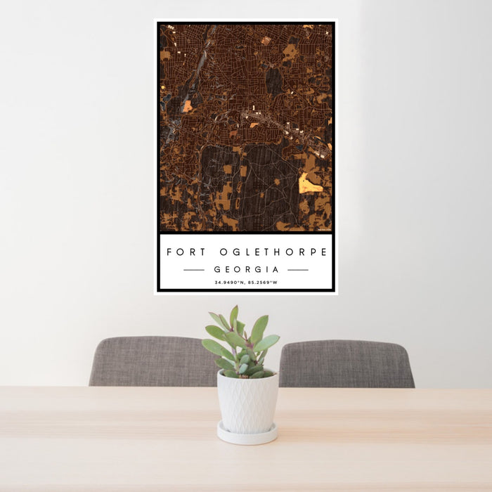24x36 Fort Oglethorpe Georgia Map Print Portrait Orientation in Ember Style Behind 2 Chairs Table and Potted Plant