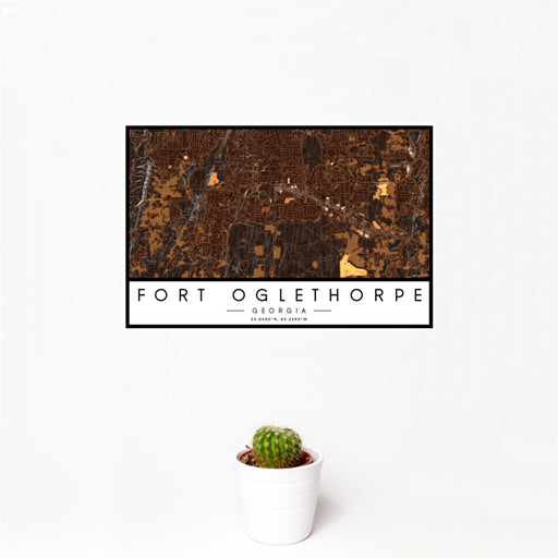 12x18 Fort Oglethorpe Georgia Map Print Landscape Orientation in Ember Style With Small Cactus Plant in White Planter