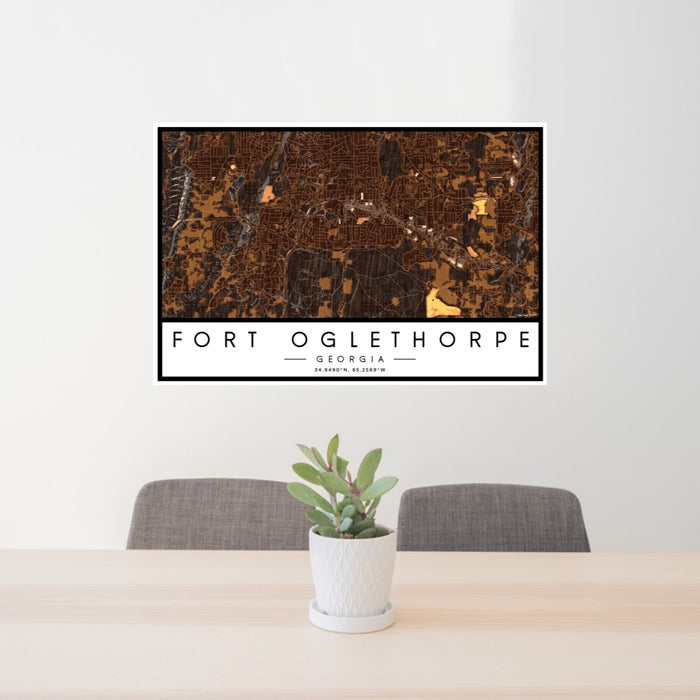 24x36 Fort Oglethorpe Georgia Map Print Landscape Orientation in Ember Style Behind 2 Chairs Table and Potted Plant